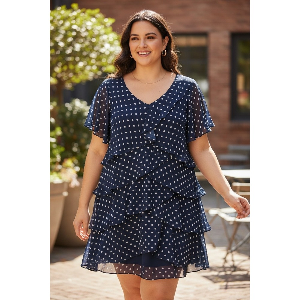 SLNY Womens Size 8 Navy Blue White Polka Dot Tiered Ruffle Cocktail Dress V-Neck